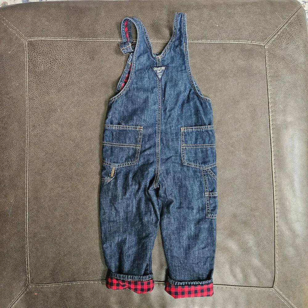 OshKosh B'gosh Red Buffalo Plaid Flannel Lined Denim Overalls Unisex Size 4T